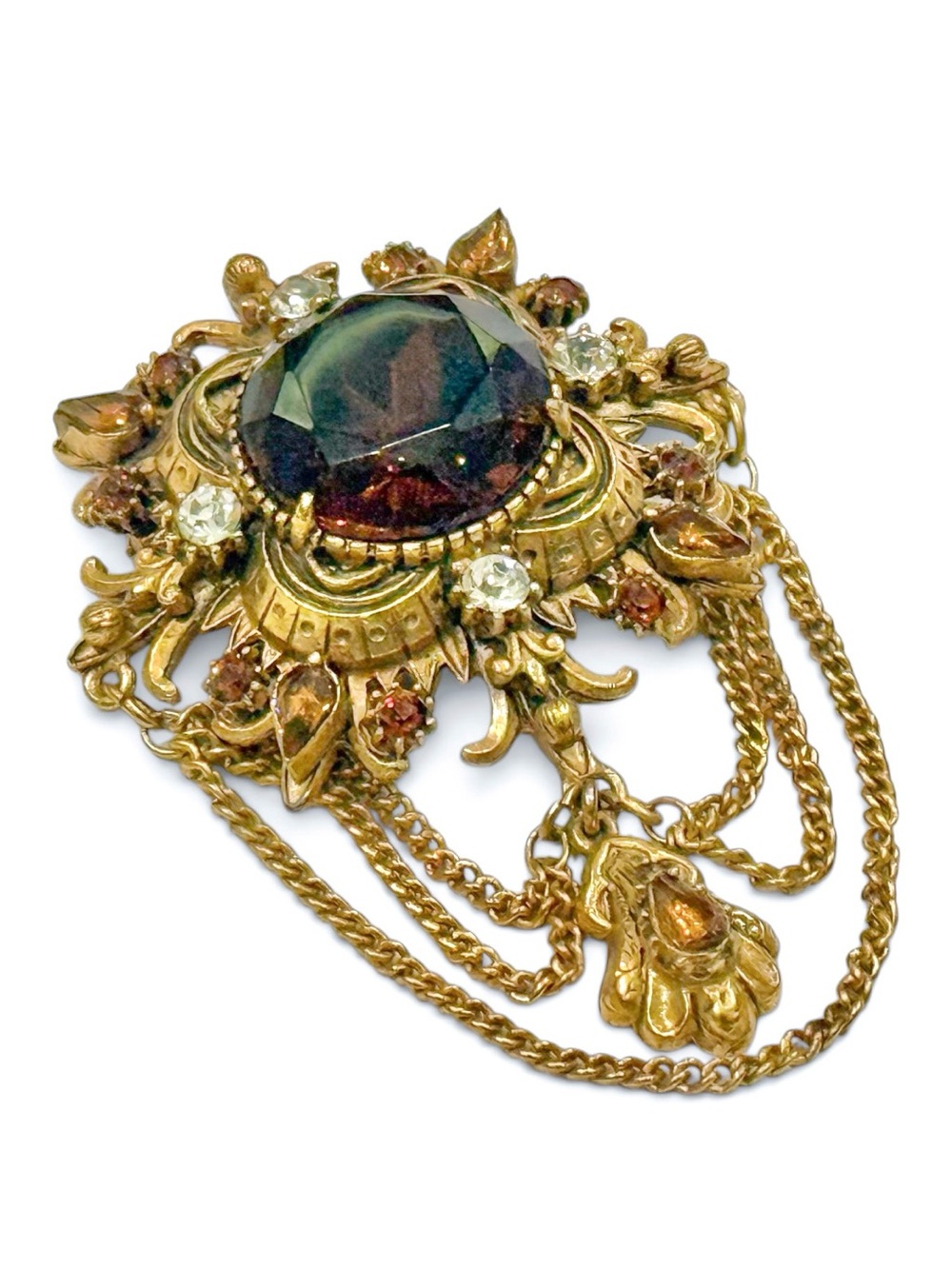 Vintage Florenza Gold-Tone Brown Crystal Brooch with Chain Drapes - Picture 5 of 16